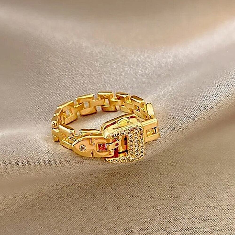 Gold Belt Buckle Bracelet Matching Ring Set, Zircon, Chain Link, Minimalist - Picture 13 of 13